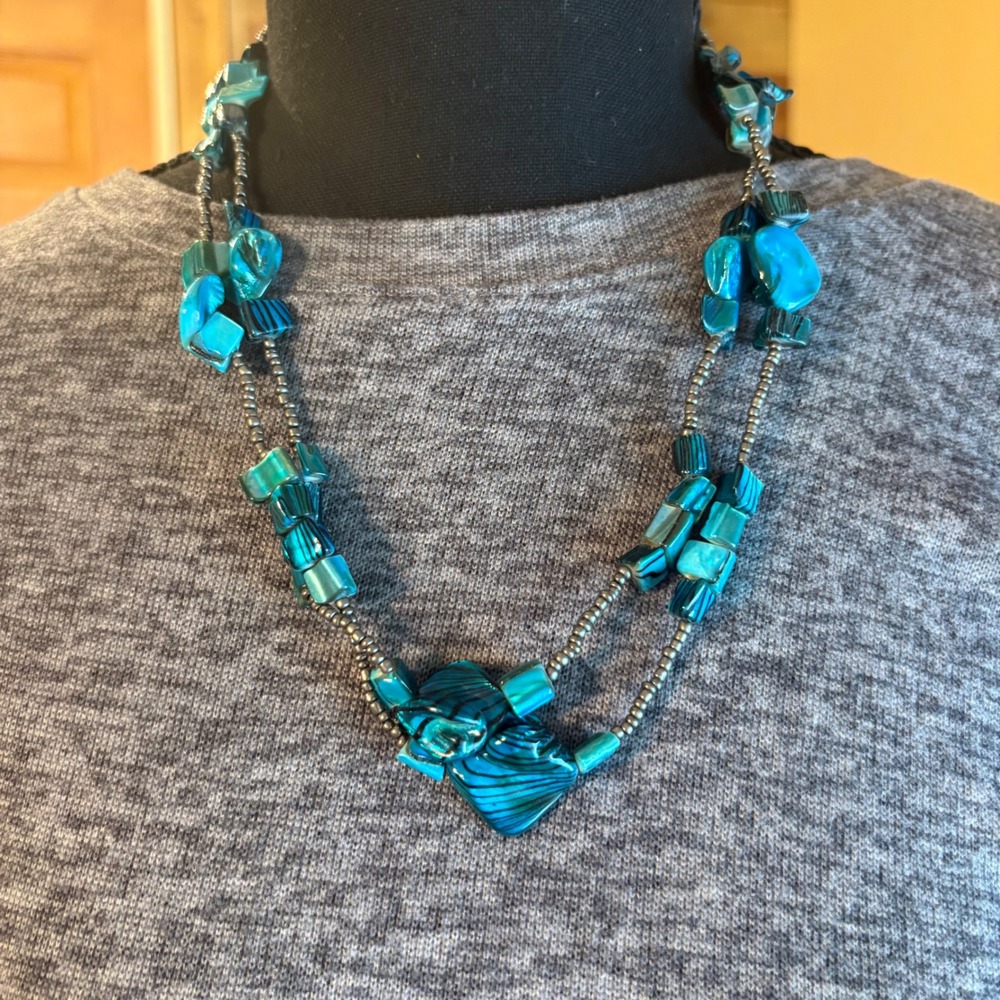Vintage Teal Art Blue‎ Glass Multi Strand Necklace Bohemian Layered Bead